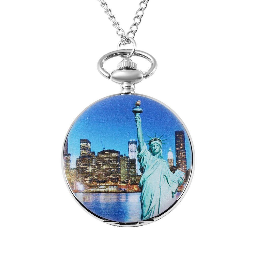 STRADA Statue of Liberty Pattern Pocket Watch Women's 31" in Chain Original Box